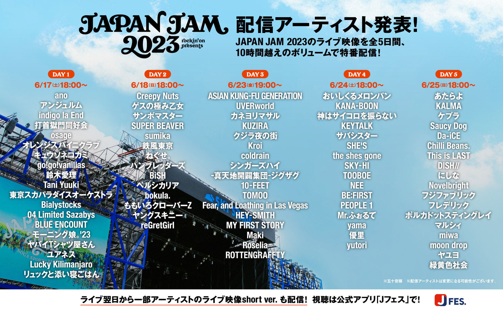 ライブ映像配信】JAPAN JAM 2023 Jフェスアプリにて配信 | PEOPLE 1 Official Website
